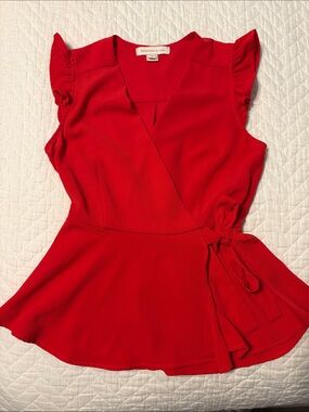 LOFT Red Wrap Peplum Top with Ruffle Sleeves